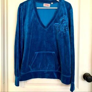 Soft Velour teal blue sweatshirt w/hood. 2 pockets, V-shape, XL